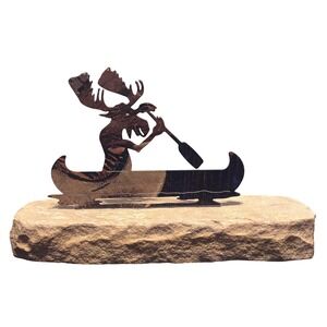 Laser Moose in a Canoe Sculpture Unisex Multi Excellent Rustic Metal Stone Art